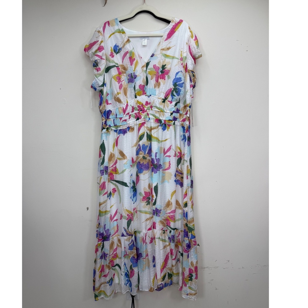 London Times Maxi Dress Womens 2X White Floral V-Neck Tiered Ruffle NWT